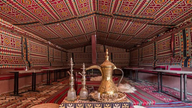 Large bedouin tent interior, colorful walls