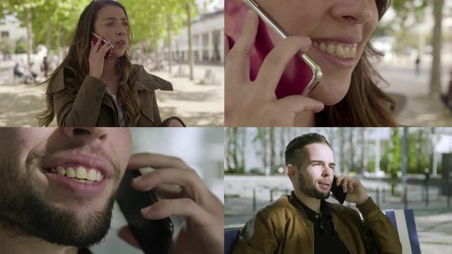 Collage of smiling people talking by cell phones. Split screen of handsome young man and woman talking by smartphones outdoor. Communication concept