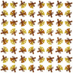 Amber Yellow Colors Wrapping Paper Seamless Pattern, Illustration With Christmas Bells 3D Render, Orthographic Camera ..