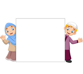 Happy Muslim kids cartoon with blank sign