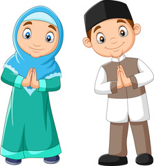 Happy Muslim kids cartoon on white background