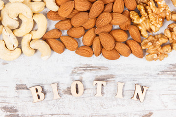 Nutritious different nuts containing vitamin B7, natural minerals and fiber, healthy nutrition