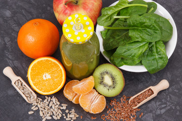 Freshly blended coctail from fruits and vegetables, healthy nutrition concept
