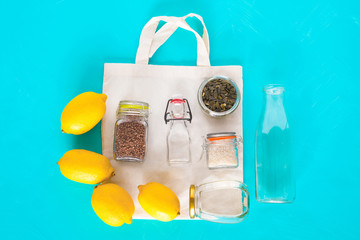Zero waste concept. Cotton bag with glass kit for zero waste.