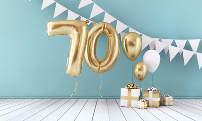 Happy 70th birthday party celebration balloon, bunting and gift box. 3D Render