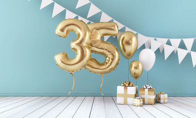 Happy 35th birthday party celebration balloon, bunting and gift box. 3D Render