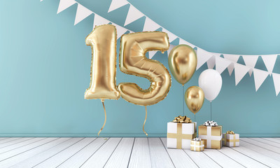 Happy 15th birthday party celebration balloon, bunting and gift box. 3D Render