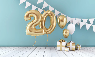 Happy 20th birthday party celebration balloon, bunting and gift box. 3D Render