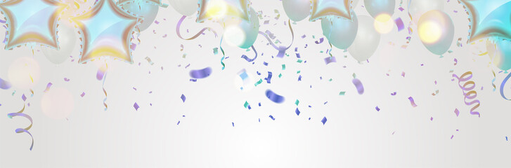 Birthday balloons template illustration. Confetti and ribbons, Celebration background