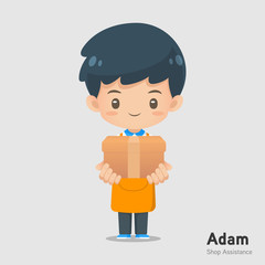 Cute cartoon shop assistance mascot wear apron in give a box action use for illustration