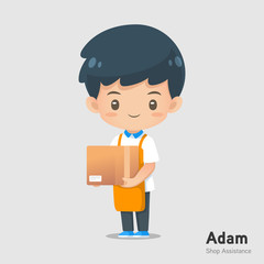 Cute cartoon shop assistance mascot wear apron in carry a box action use for illustration