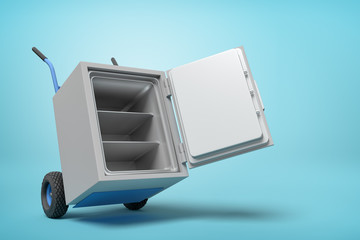 3d rendering of open big light-grey metal safe on blue hand truck on light-blue background with copy space.
