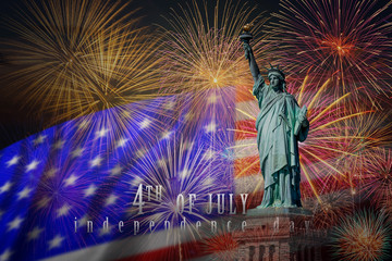 Fototapeta na wymiar Statue of Liberty with Independence day 4th july text over the Multicolor Fireworks Celebrate with the United state of America USA flag background