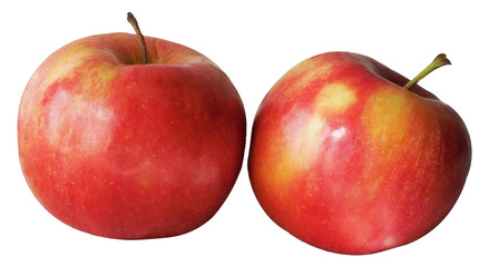   Two red apples in different directions on isolated background   