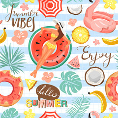 Seamless pattern with beautiful woman floating on inflatable ring, fruits, leaves and lettering . Summer rest and vacation collage. Trendy texture for textile, wrapping paper, packaging etc. Vector.