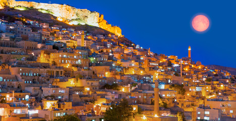 Mardin old town with full moon - Mardin, Turkey 