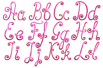 English alphabet, isolated, handwritten with curlicues. Watercolor drawing. For decoration of posters, books, cards invitations greetings