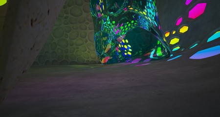 Abstract  Concrete and Glass Futuristic Sci-Fi interior With Colored Gradient Glowing Neon Tubes . 3D illustration and rendering.