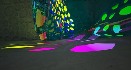 Abstract  Concrete and Glass Futuristic Sci-Fi interior With Colored Gradient Glowing Neon Tubes . 3D illustration and rendering.