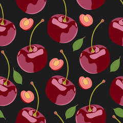 Seamless pattern cherry fruits, Fresh organic food, Red fruits berry pattern on black. Vector illustration.