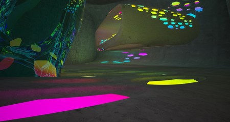 Abstract  Concrete and Glass Futuristic Sci-Fi interior With Colored Gradient Glowing Neon Tubes . 3D illustration and rendering.