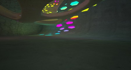 Abstract  Concrete and Glass Futuristic Sci-Fi interior With Colored Gradient Glowing Neon Tubes . 3D illustration and rendering.