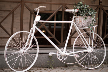 Fototapeta na wymiar beautiful white bicycle with flowers stands near the cafe