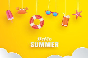 Hello summer with decoration origami hanging on yellow background. Paper art and craft style. © kaisorn
