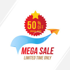 Mega Sale with 50% off and red sticker. Template of the emblem with special offer and Paper Airplane. Flat Vector EPS10