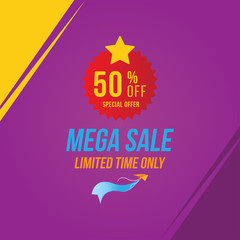 Mega Sale with 50% off and red sticker. Template of the emblem with special offer and Paper Airplane. Flat Vector EPS10
