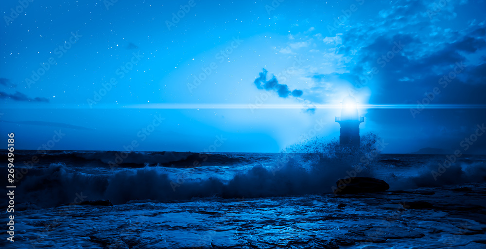 Aufkleber night sky with full moon in the clouds with lighthouse