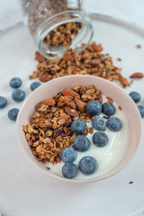 Healthy food background with homemade oatmeal granola or muesli with yogurt and fresh berries