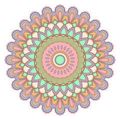 Decorative colorful ethnic mandala pattern. Design element for greeting card, banner or poster in oriental style. Hand drawn illustration