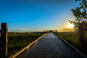 Fototapeta premium Boardwalk to sunset in Badlands National Park