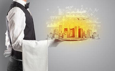 Waiter serving big city with report concept on tray
