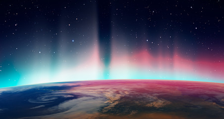Northern lights aurora borealis over planet Earth 