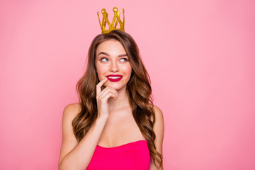 Close up photo beautiful she her lady hold hand arm chin wondered look empty space making wish graduation party famous person wear shiny colorful formal-wear  dress isolated pink bright background © deagreez
