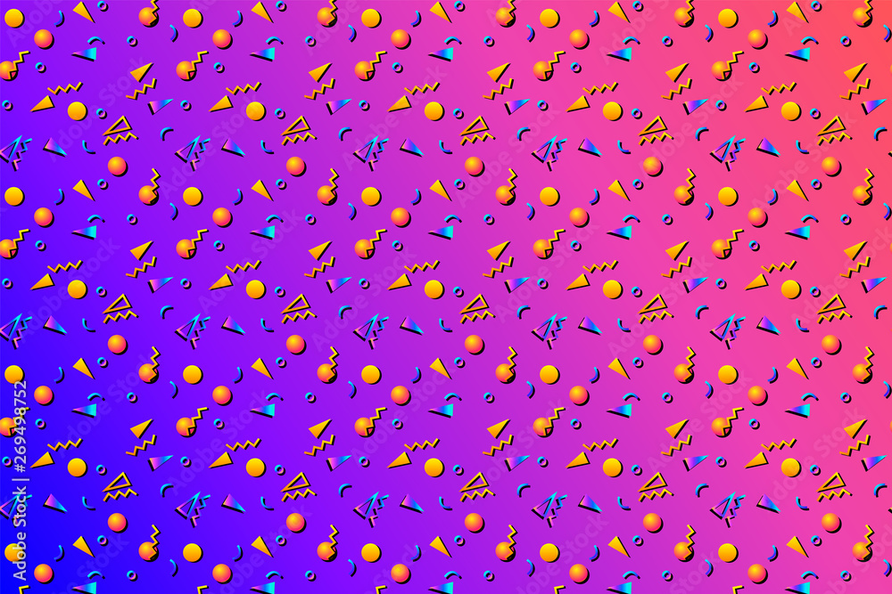 Poster abstract background with 80s memphis geometics style pattern and vibrant psychedelic colors