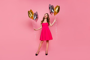 Full length body size photo beautiful amazing she her lady graduation day weekend hand arm hold star shape golden balloons gift present wear colorful formal-wear dress isolated pink bright background