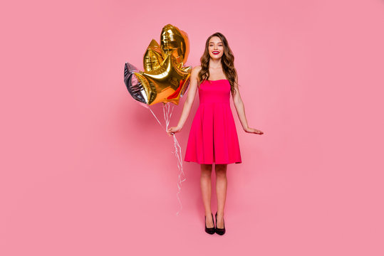 Full length body size photo beautiful amazing she her lady graduation day weekend hand arm hold star shape golden balloons gift present wear colorful formal-wear dress isolated pink bright background