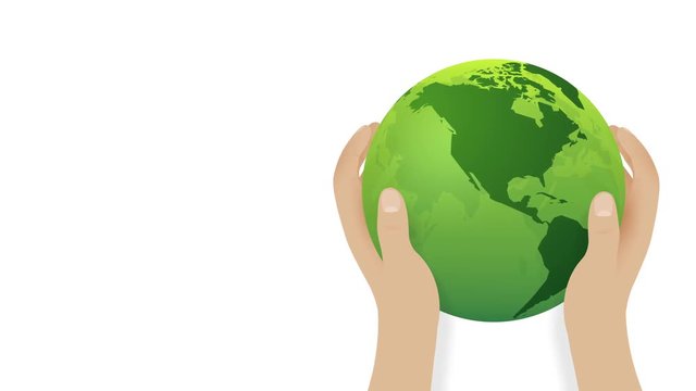 man holds green world globe in hands earth day concept motion background