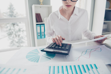 Cropped close up photo beautiful she her business lady count freelance salary calculating income...