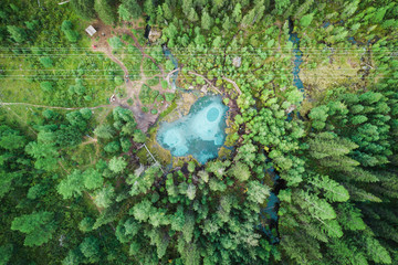 Aerial view on  panoramic landscape  of a beautiful bay on the blue lakes. View from above of crystal clear lake and green forest. Helicopter drone shot on nature