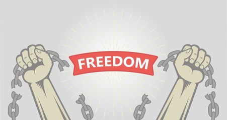 Color illustration of a hand breaking the chains and banner with text in the rays