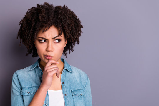 Portrait of concentrated stirct smart college university people touch fingers chin look have option choice decision solve problems troubles puzzled wear modern youth outfit isolated grey background
