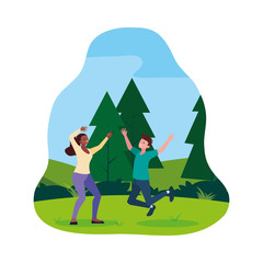 interracial young couple celebrating in the camp