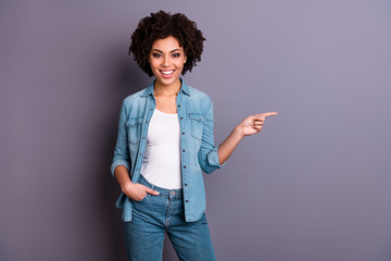 Portrait of charming cute lady advertise feedback select option ads choice decide suggestion...