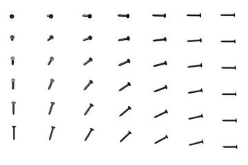 many black screws rotated by different angles isolated on white - beautiful industrial 3D illustration, image for any using