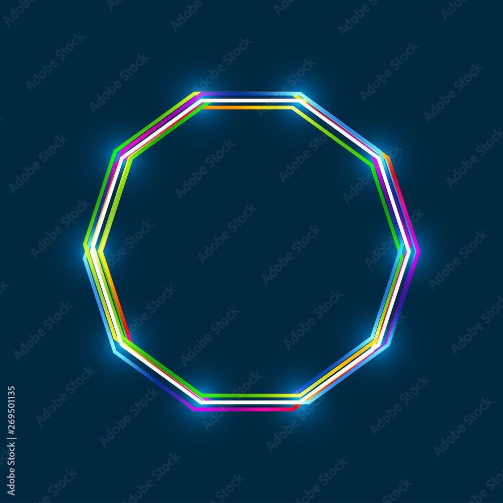 Poster Decagon frame with colorful multi-layered outline and glowing light effect on blue background