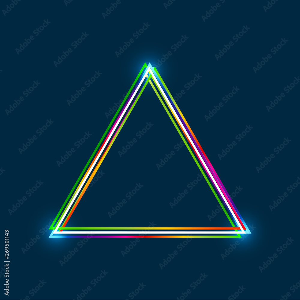 Poster equilateral triangle frame with colorful multi-layered outline and glowing light effect on blue back